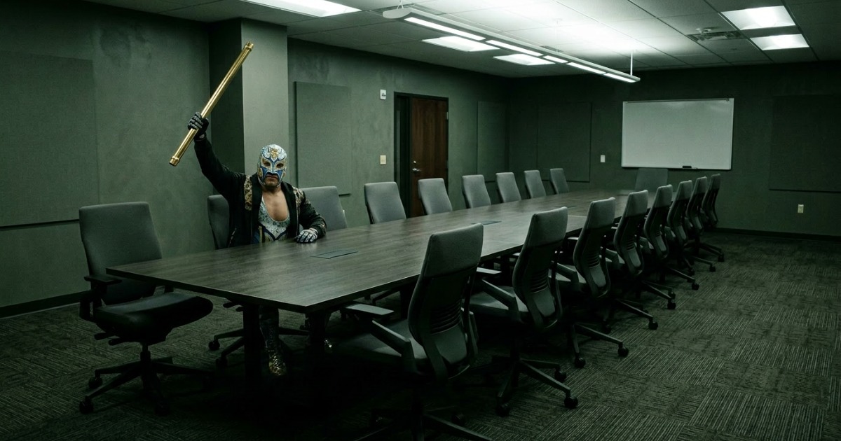 Derselbe kalte Konferenzraum – mit einem Luchador am Tisch