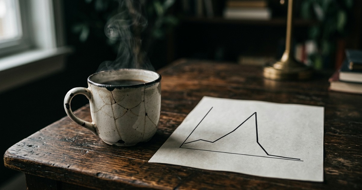 Gesprungene Kaffeetasse neben einem Graphen – kurzfristiger Anstieg, langfristiger Einbruch