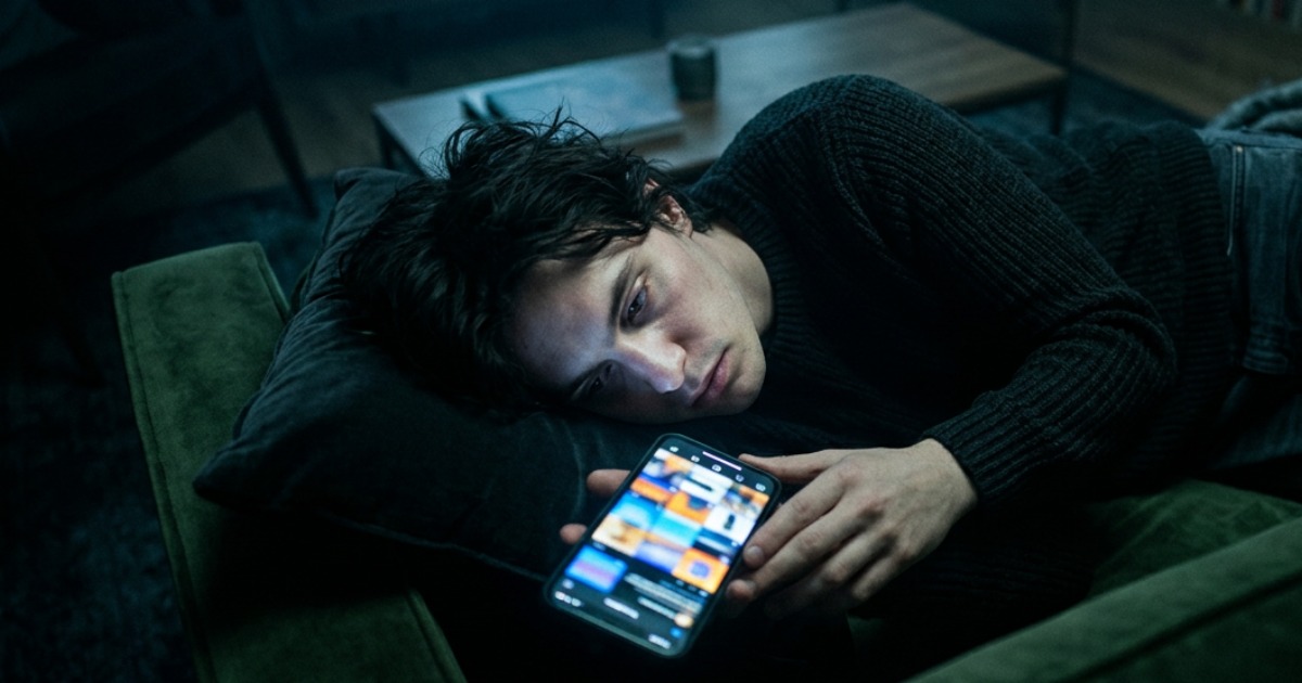 Endloser Social-Media-Feed im Dunkeln, Bildschirmlicht auf Gesicht