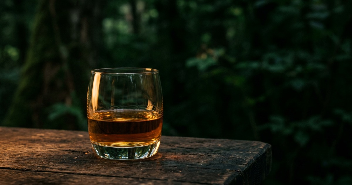 Whisky-Glas auf dunklem Holz – warmes Bernsteinlicht, ruhig und geerdet
